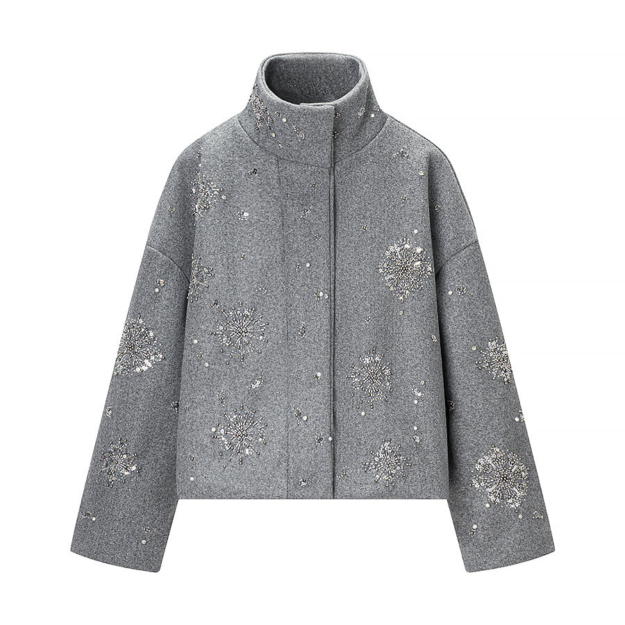 Women's Short Embroidered Wool Blend Boxy Coat with Stand Collar Amarae