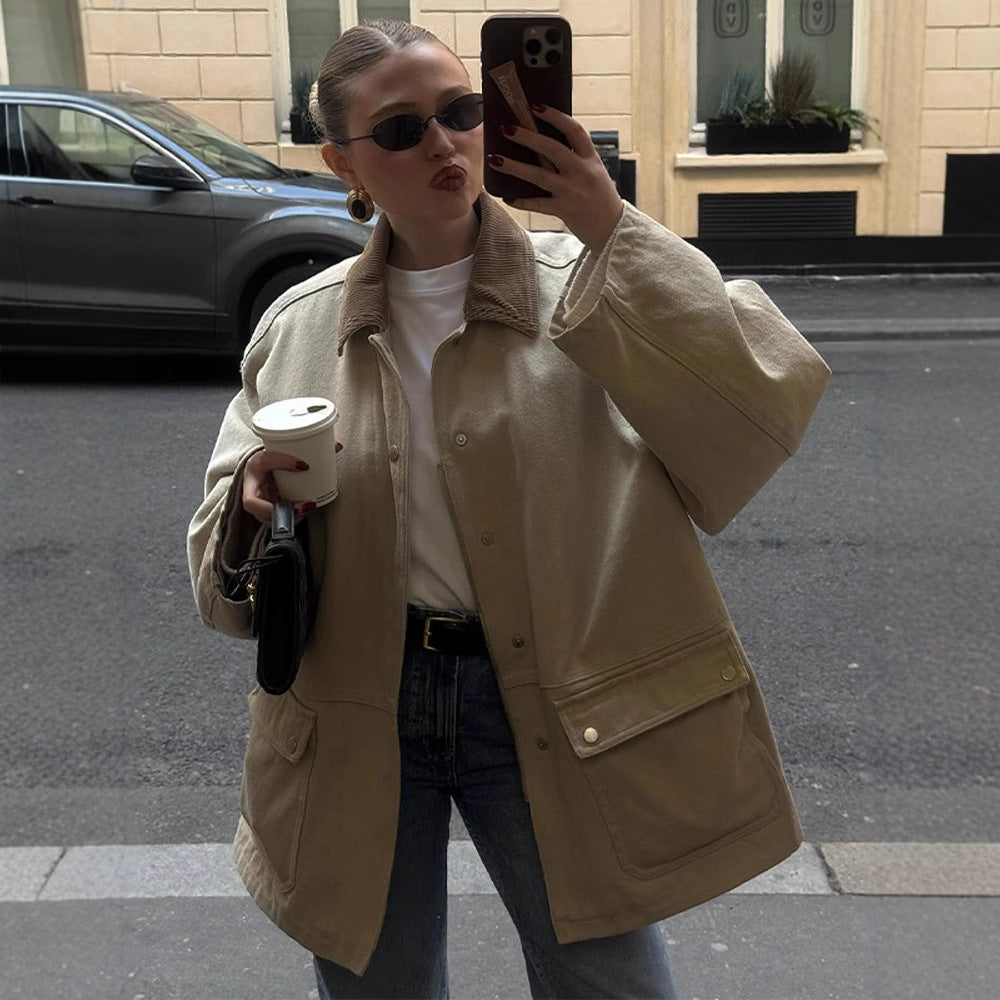 Women's Oversized Field Jacket with Cord Collar, Large Flap Pockets and Snap Button Closure Amarae