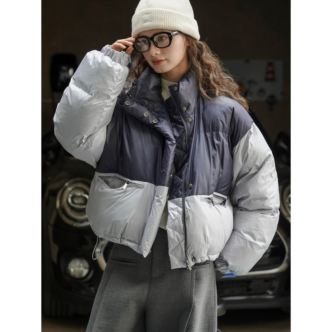 Women's Short Quilted Puffer Jacket with Colorblock, High Stand Collar and Drawstring Amarae