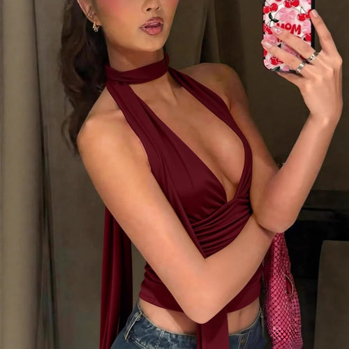 Women's halter top with deep neckline and gathering Amarae