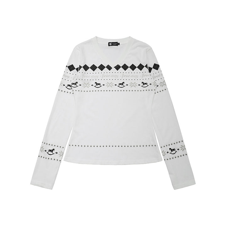 Women's Long Sleeve Shirt with V-Neck and Scandinavian Norwegian Print made of Cotton Blend Amarae