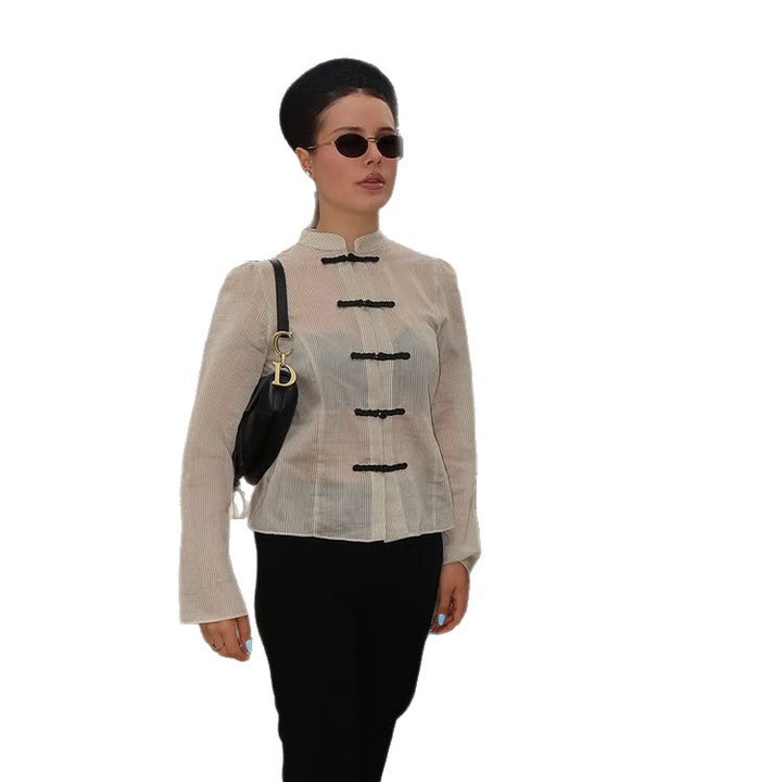 Women Chinese-inspired cord jacket with stand-up collar, frog closures & waist belt Amarae