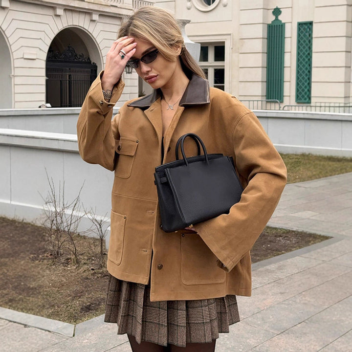 Women's Boxy Short Jacket in Suede Look with Contrast Collar & Patch Pockets Amarae