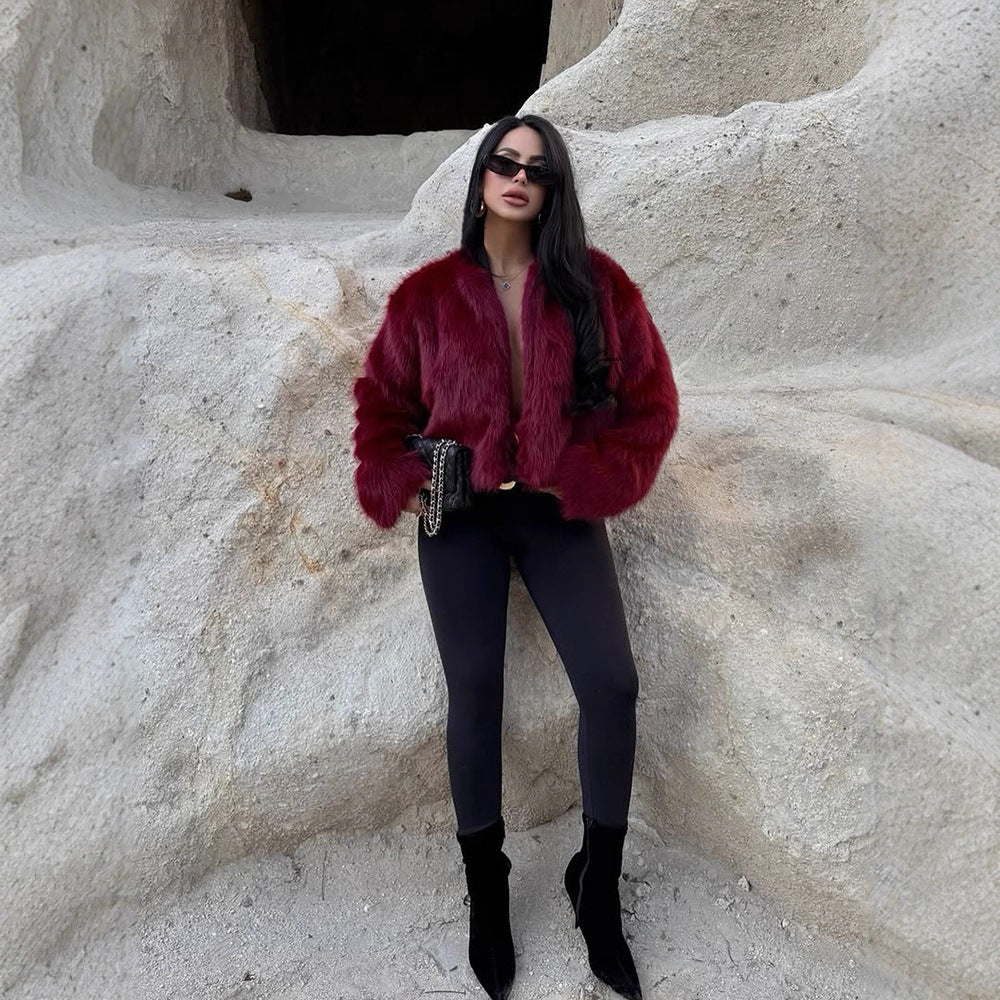Women's short-cut boxy faux fur bomber with voluminous shawl collar Amarae