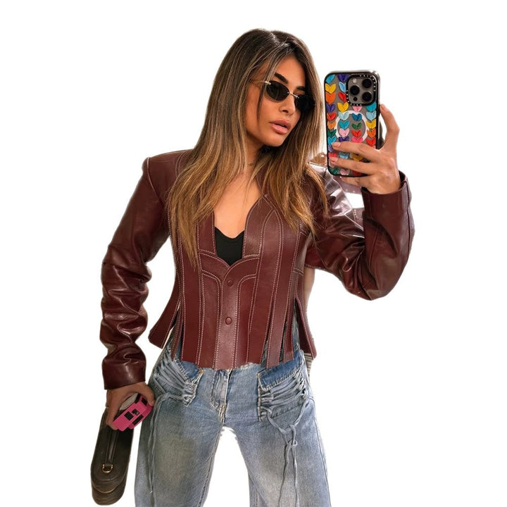 Women's short tailored blazer made of faux leather with corset sections Amarae