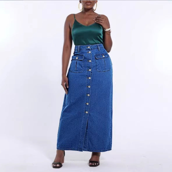 Women's long cut high-waist denim maxi skirt with a continuous button placket and patch pockets Amarae