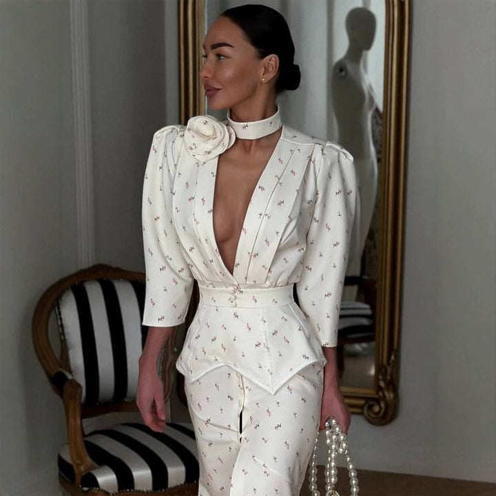 Women tailored pantsuit set with deep V-neck, structured peplum waist and fine floral jacquard Amarae