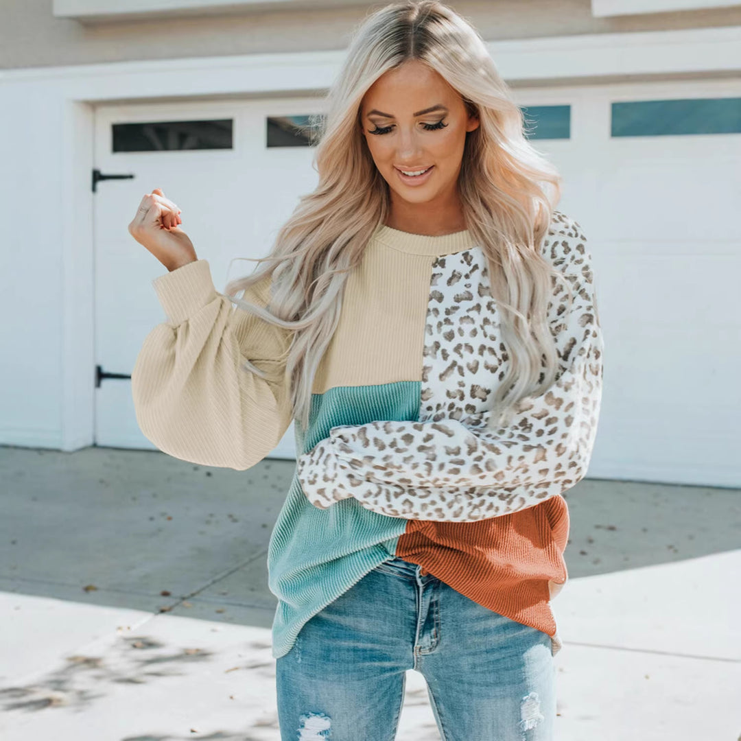 Ladies Oversize Patchwork Sweater with Animal Print and Textured Knit Amarae