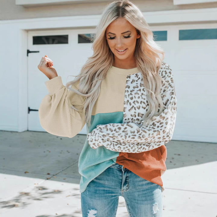 Ladies Oversize Patchwork Sweater with Animal Print and Textured Knit Amarae