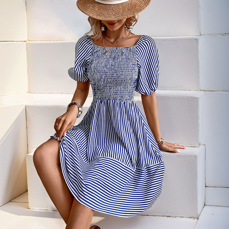 Smocked A-line dress for women with puff sleeves Lune London