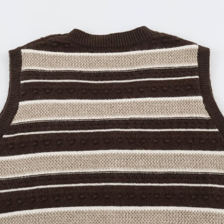 Women's fine knitted vest with V-neck, textured stripes and button placket Amarae