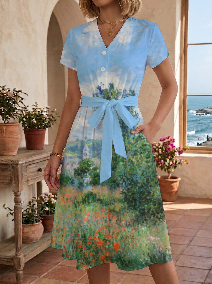 Women's Blooming Midi Dress with Adjustable Belt and Artistic Print Lune London