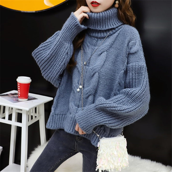 Thick knit sweater for women with a high turtleneck and a modern braiding pattern Lune London