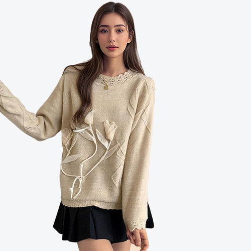 Ladies elegant knit sweater with floral appliqués Amarae