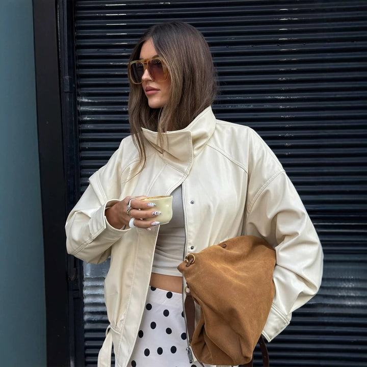 Women Oversized Faux Leather Jacket with High Stand-Up Collar and Drawstring Amarae