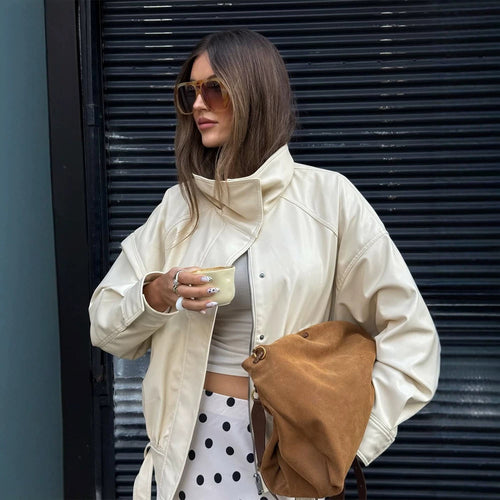 Women Oversized Faux Leather Jacket with High Stand-Up Collar and Drawstring Amarae