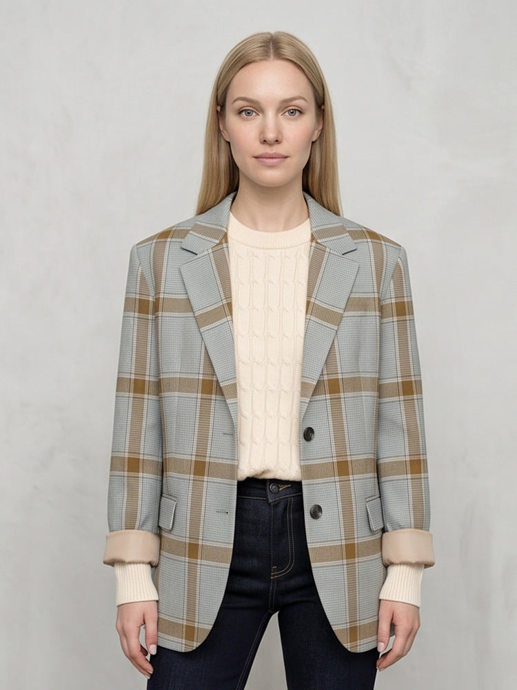 Women Oversize Check Blazer in Glencheck with boxy silhouette and falling lapels Amarae