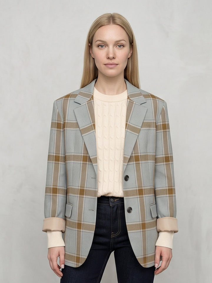 Women Oversize Check Blazer in Glencheck with boxy silhouette and falling lapels Amarae