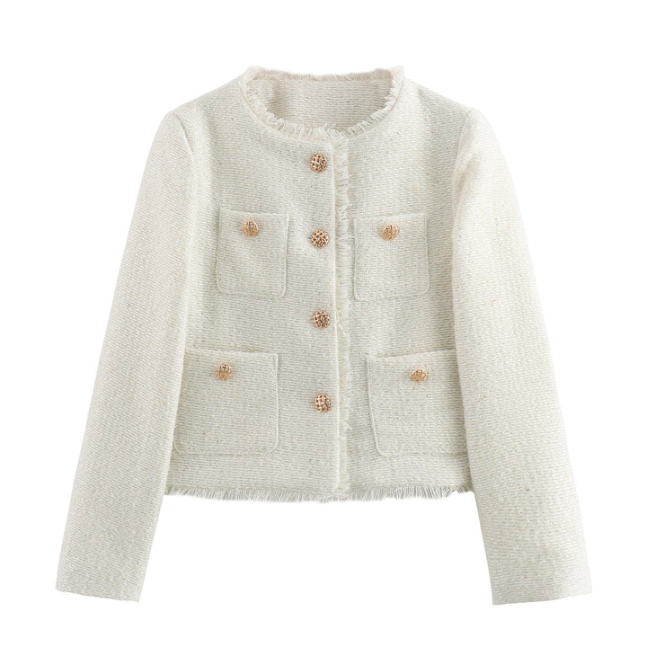 Elegant tweed jacket for women with fringes and decorative buttons Lune London