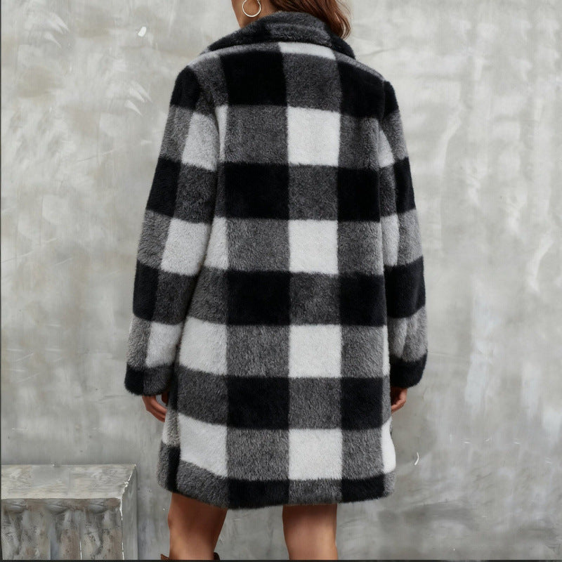 Women Checked Teddy Coat with Lapel Collar and Snuggle Fleece Amarae