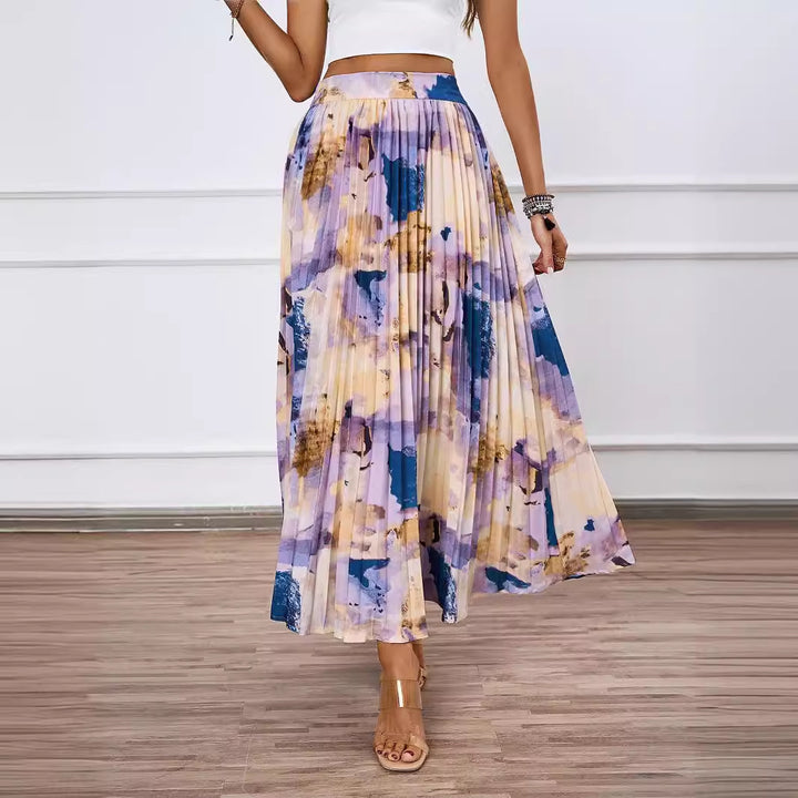 Pleated midi skirt for ladies with a colorful watercolor design Lune London