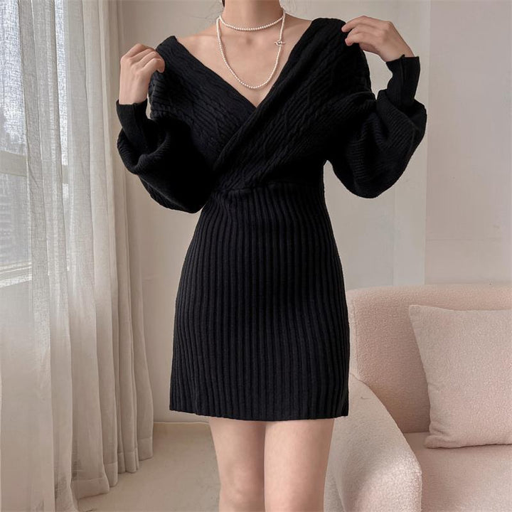 Ladies Elegant knitted dress with V-neck and textured top Lune London