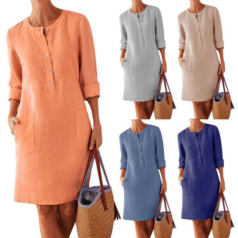 Women loose-fitting linen-look dress with three-quarter sleeves, button placket and side pockets Amarae
