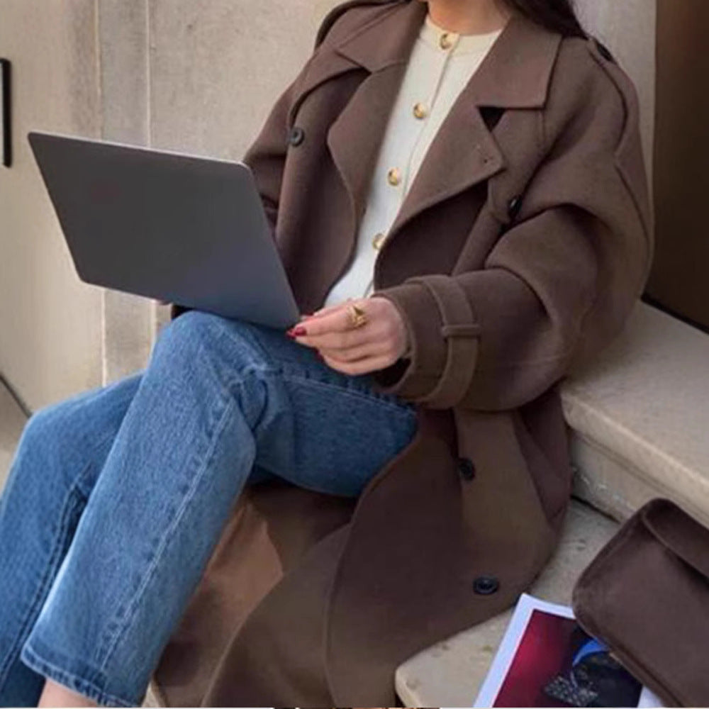 Women's Maxi Wool Blend Coat in Military Style with Wide Lapels and Dropped Shoulders Amarae