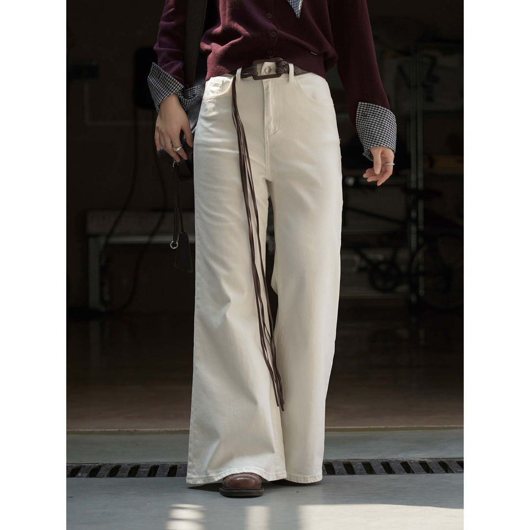 Women High-waisted wide cotton pants with wide leg and fringed leather belt Amarae