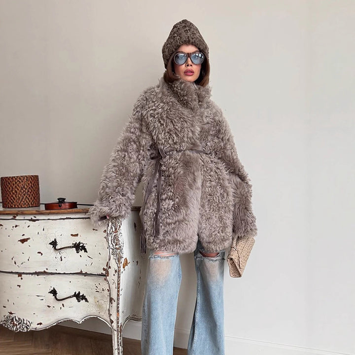 Women's Oversize Faux Fur Coat with Curly Teddy Look and Wide Boxy Silhouette Amarae