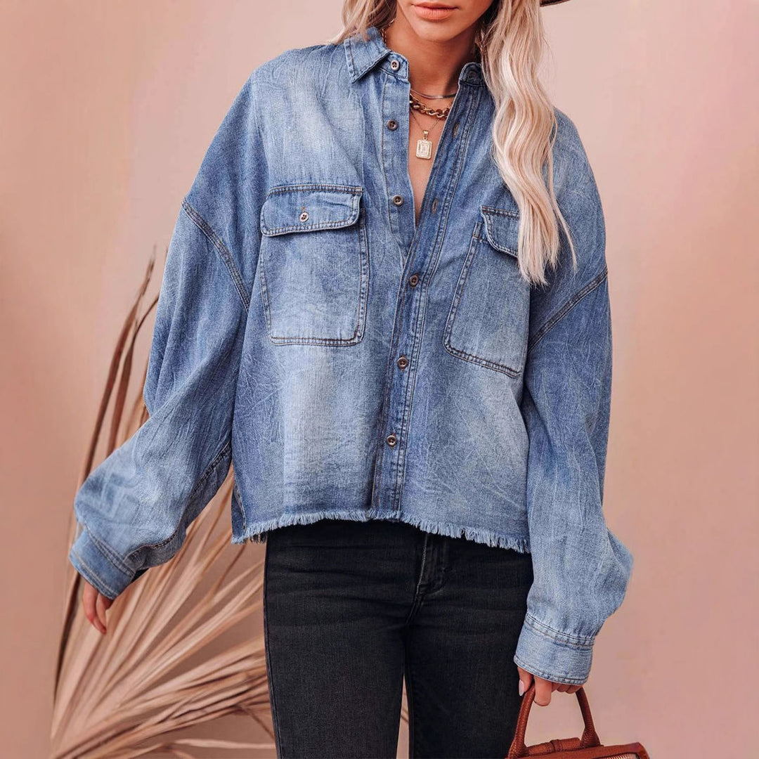 Women's Casual Denim Shirt Jacket with Fringed Cuffs and Practical Pockets Lune London
