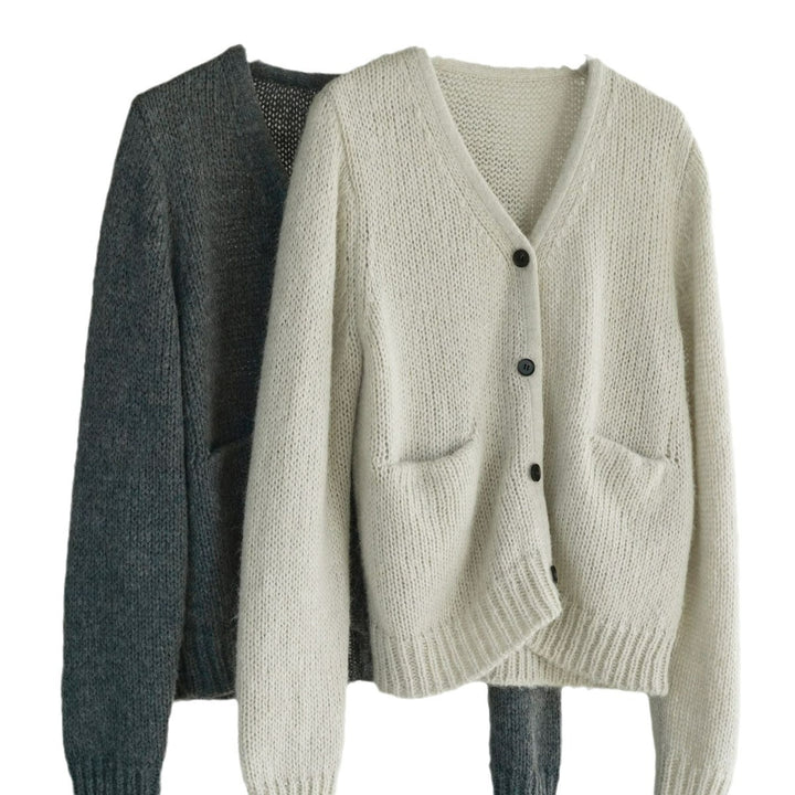 Women's Cozy Chunky Knit Cardigan in Alpaca-Look with V-Neck and Button Placket Amarae