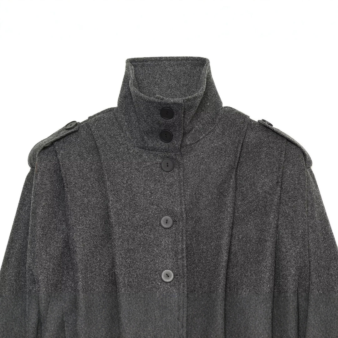 Women's Cropped Cape Jacket with High Stand Collar, Shoulder Straps and Continuous Button Placket Amarae