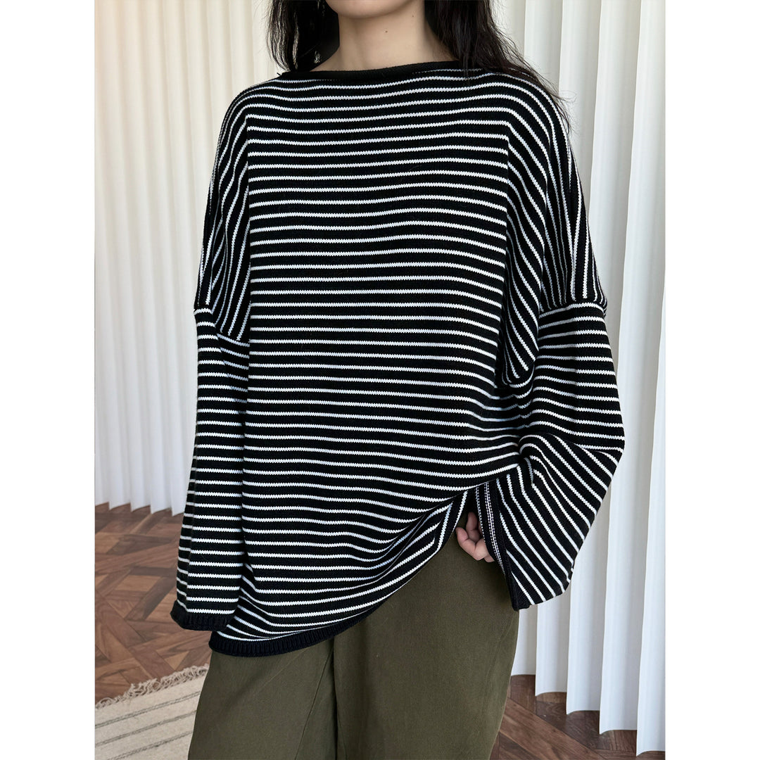 Women's Striped Oversize Knit Sweater with Short Stand-Up Collar Amarae