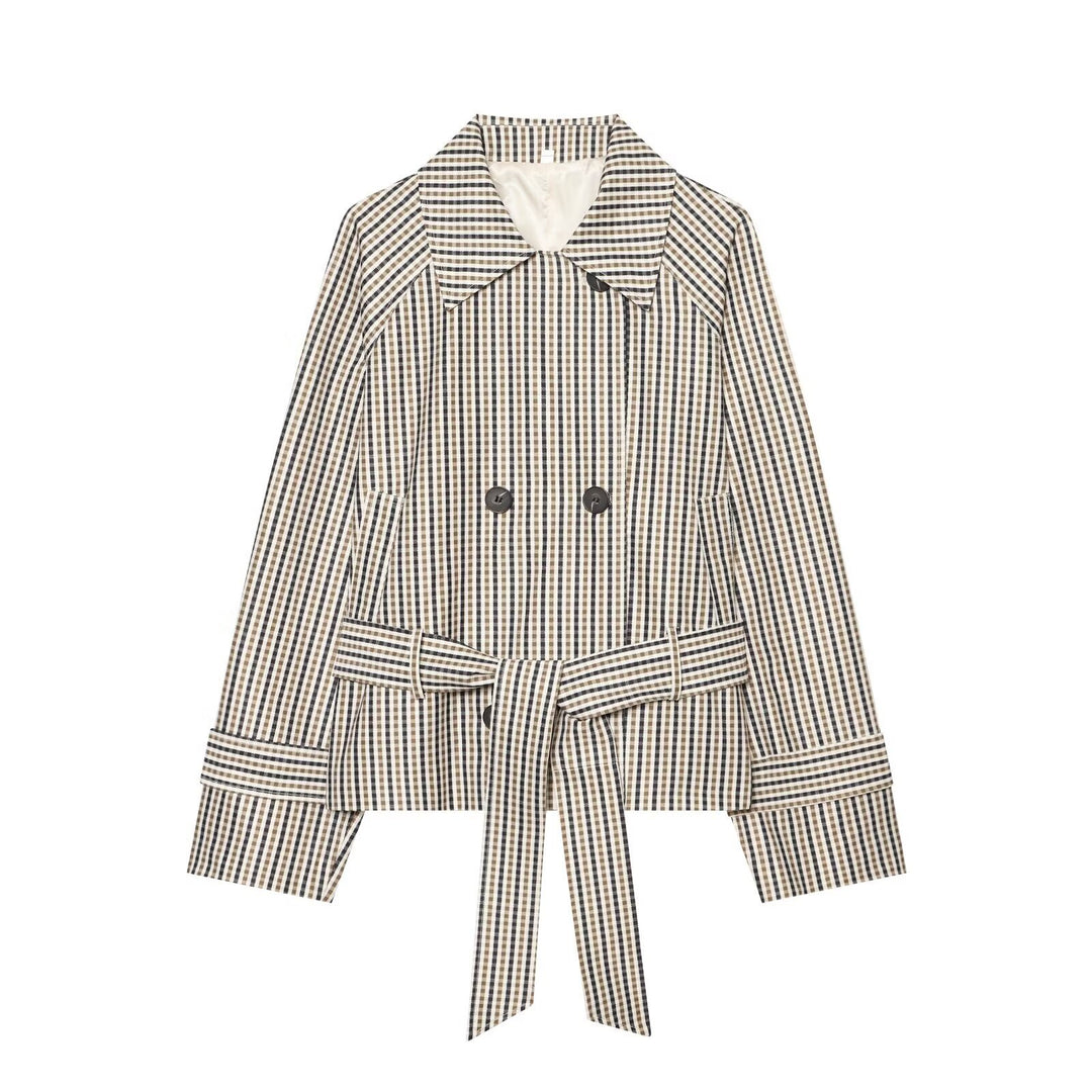 Women Short Tailored Double-Breasted Trench Coat with Check Pattern and Belt Amarae