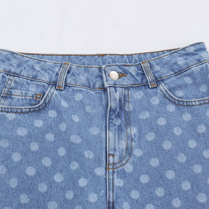 Women Short-Cut Wide-Leg Jeans with Polka Dot Pattern and High Waist Amarae