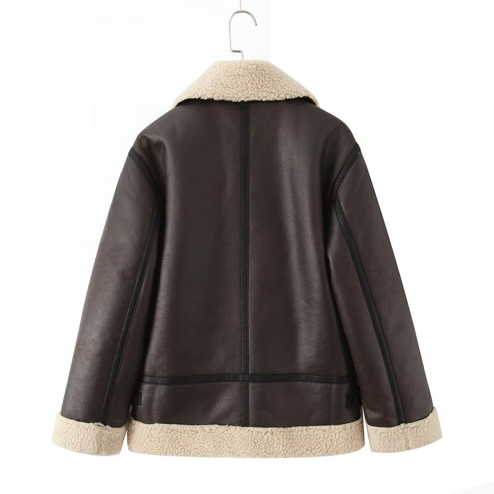 Faux leather jacket for women with warm Sherpa lining and practical zip pockets Lune London