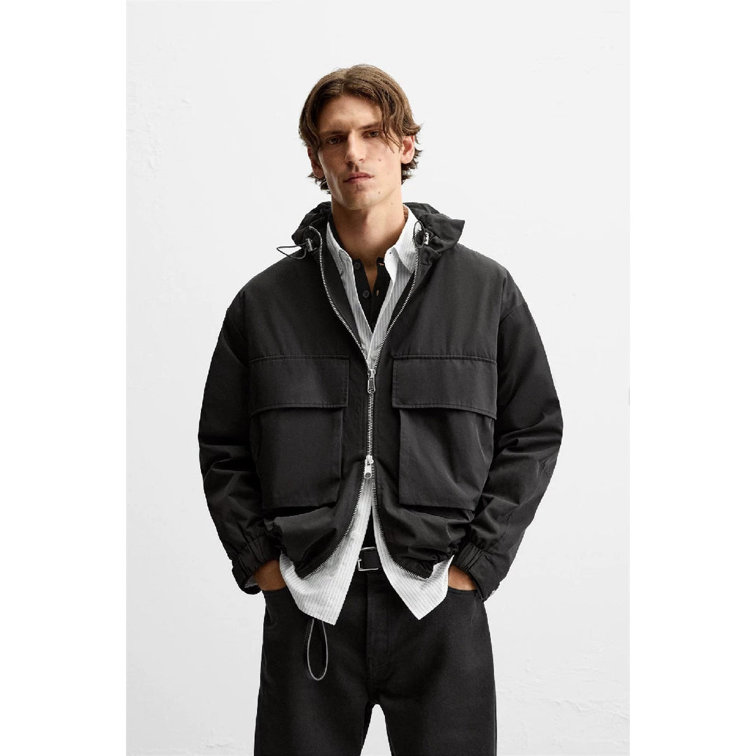 Men's short-cut hooded blouson jacket with patch pockets and two-way zipper Amarae