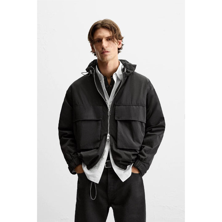 Men's short-cut hooded blouson jacket with patch pockets and two-way zipper Amarae