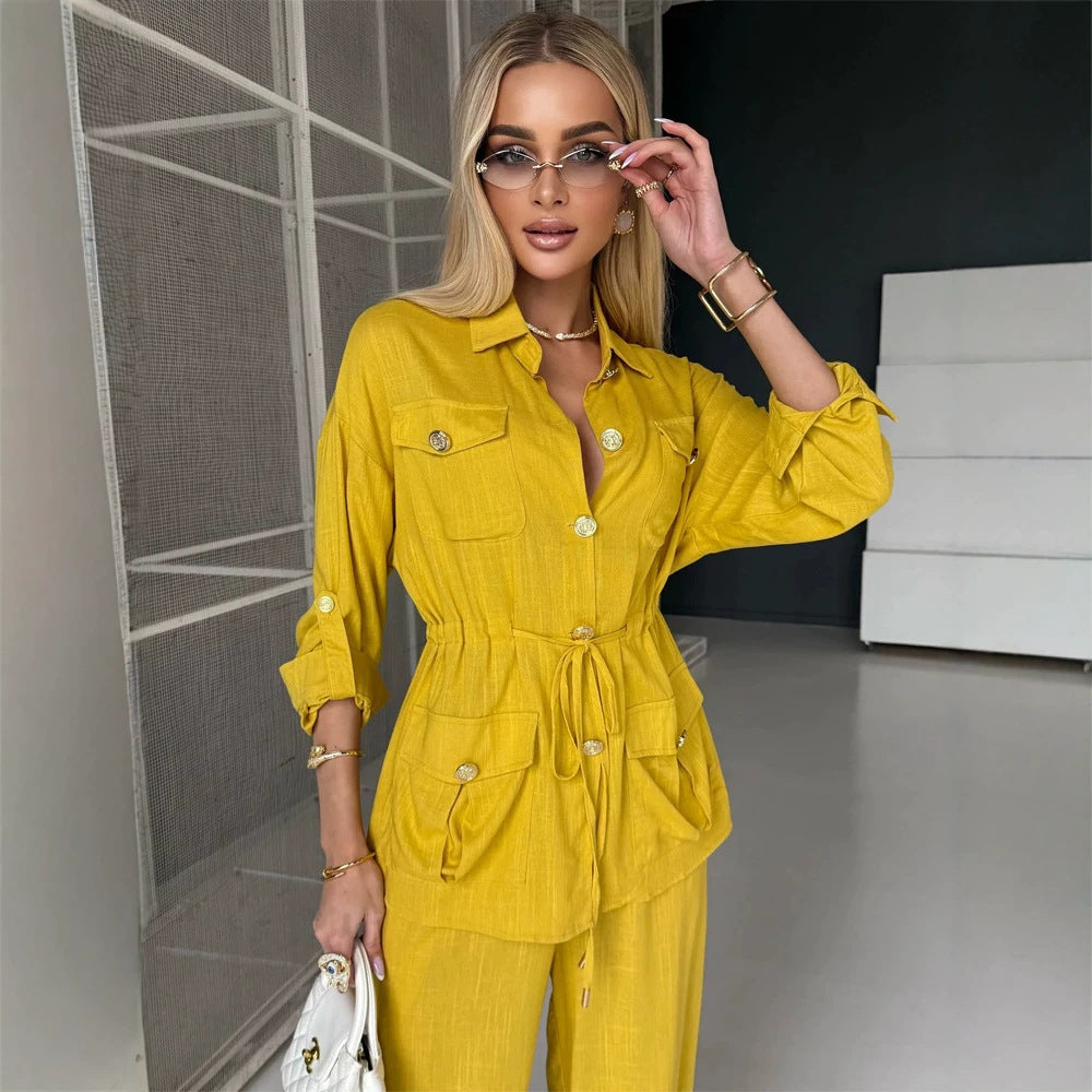Women's Linen Look Utility Shirt Jacket with Drawstring Waist and Golden Decorative Buttons Amarae