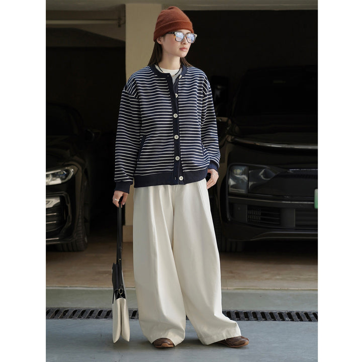 Women's Striped Knit Cardigan Jacket with Button Closure, Side Pockets and Ribbed Cuffs Amarae