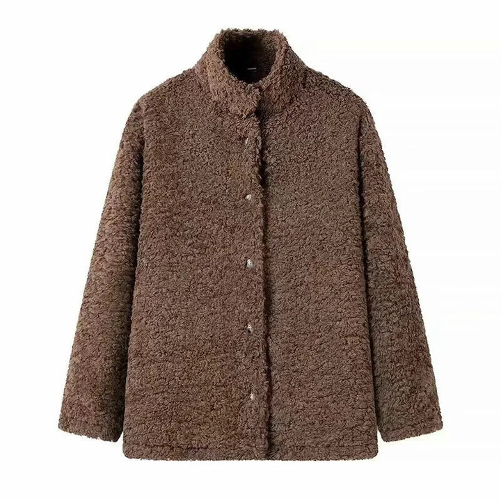 Comfortable fleece jacket for women with high collar and snap button closure Lune London