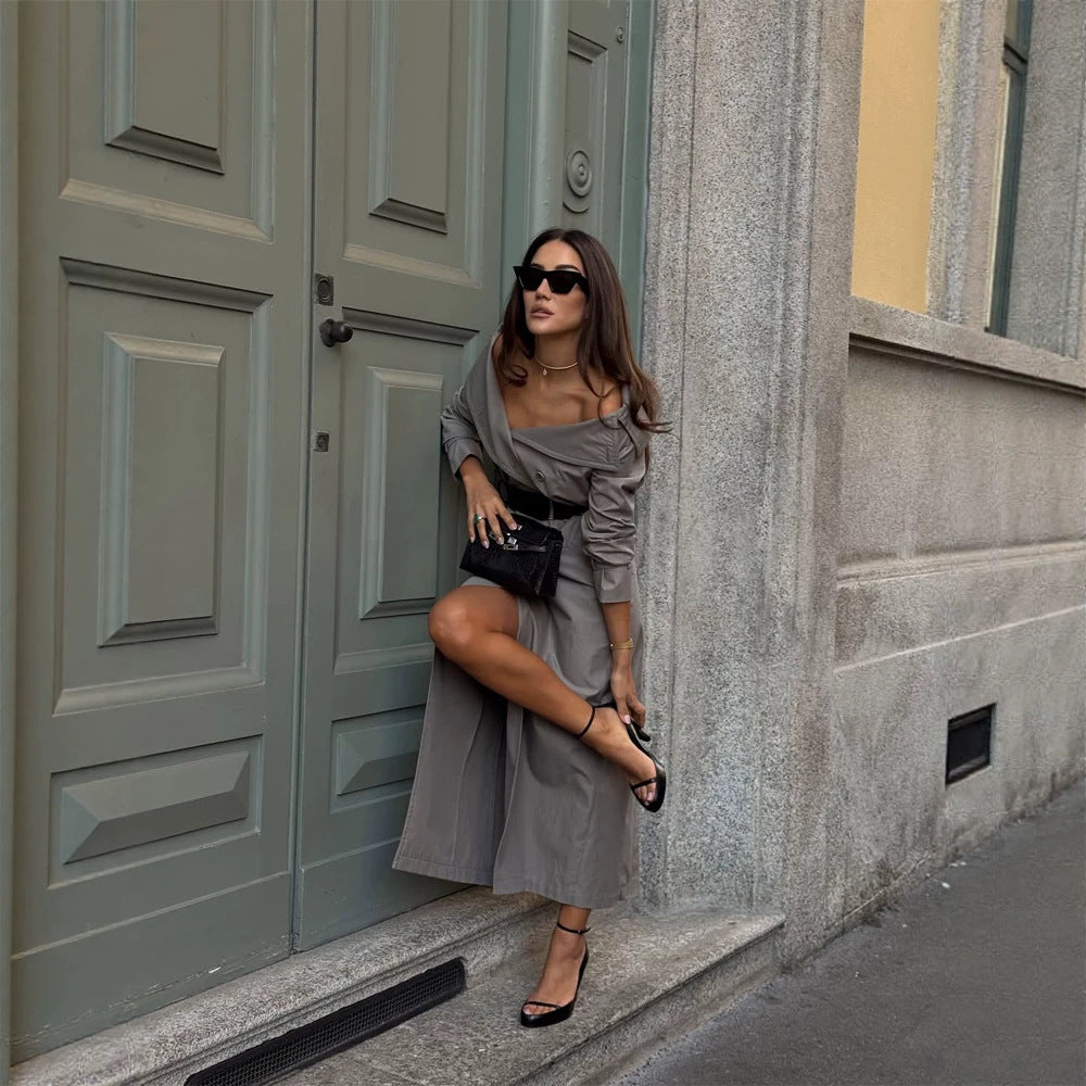 Women Off-Shoulder Trench Dress with Double-Breasted Button Placket and Fitted Patent Belt Amarae