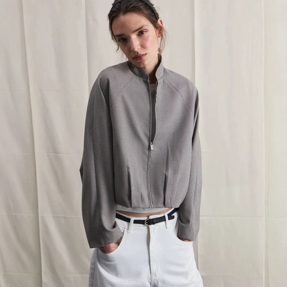 Women's short bomber jacket with raglan sleeves, stand-up collar, and fine houndstooth pattern Amarae