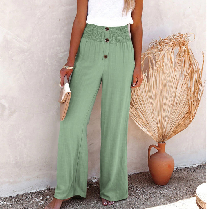 Lune London Women's Wide Palazzo Pants with Button Detail and Elastic Waist
