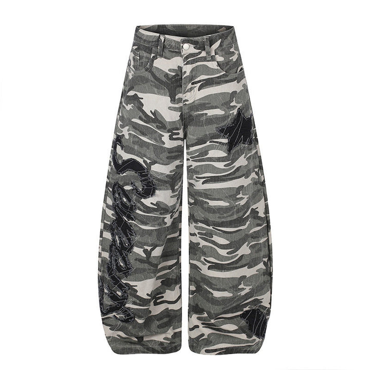 Women's Wide Camouflage Palazzo Pants with Balloon Hem and Decorative Stitch Details Amarae