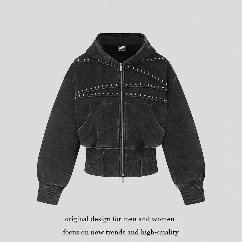 Women's short-cut zip hoodie with metallic stud detailing and wide ribbed hem Amarae