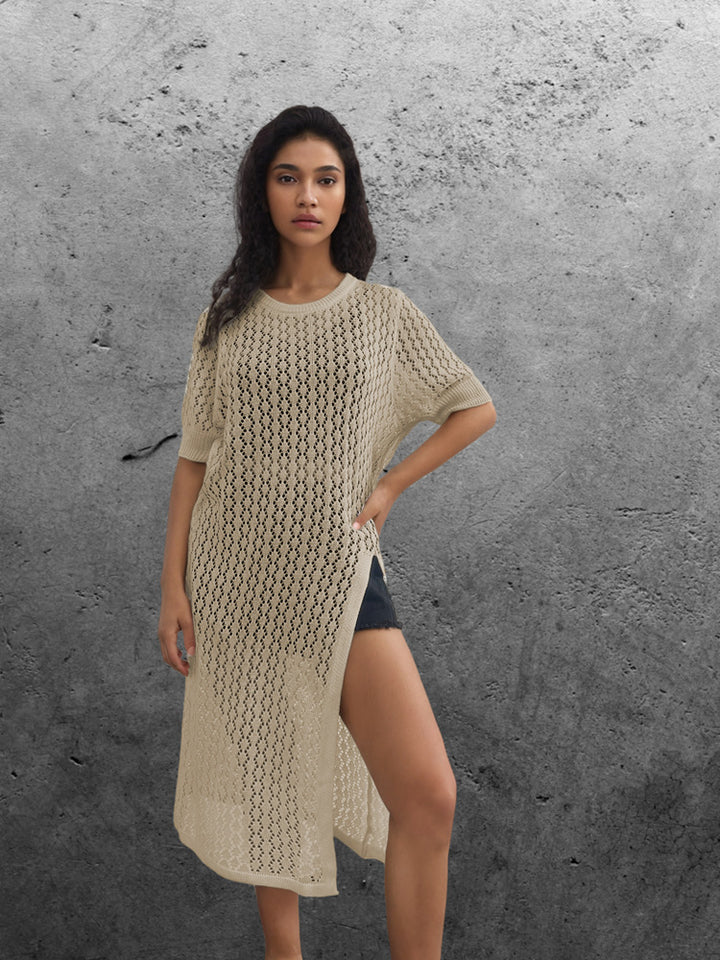 Ladies long knitted kimono with open design and breathable mesh structure Lune London