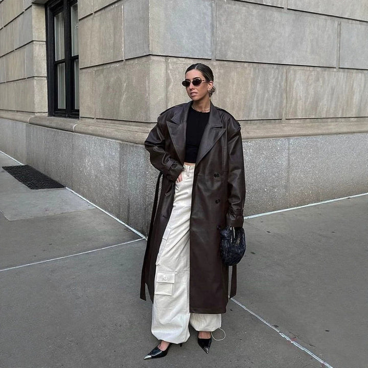 Ladies Maxilength Oversize Faux Leather Trench Coat with Wide Lapels and Waist Belt Amarae