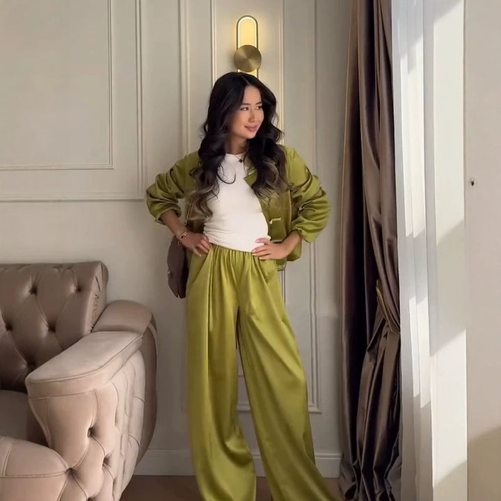 Women’s satin two-piece with traditional toggle closures and wide pants skirt Amarae